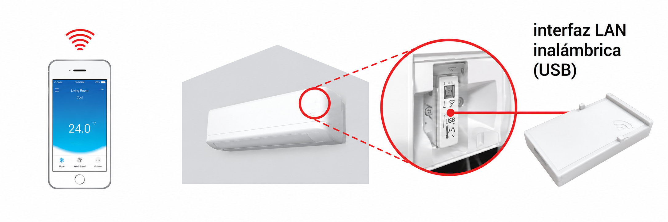 Control inteligente opcional con AIRSTAGE Mobile Este modelo puede controlarse desde cualquier lugar mediante un dispositivo inteligente con la instalación de una interfaz LAN inalámbrica opcional. Una vez instalada, podrás gestionar el equipo desde el smartphone mediante la app AIRSTAGE Mobile. Desde la aplicación es posible controlar el aire acondicionado, ajustar la temperatura y supervisar su funcionamiento incluso fuera de casa. Es una opción muy práctica para quienes quieren añadir conectividad al equipo y disfrutar de una gestión más cómoda e inteligente. En este modelo, el control WiFi es opcional, por lo que debe añadirse mediante el accesorio correspondiente.